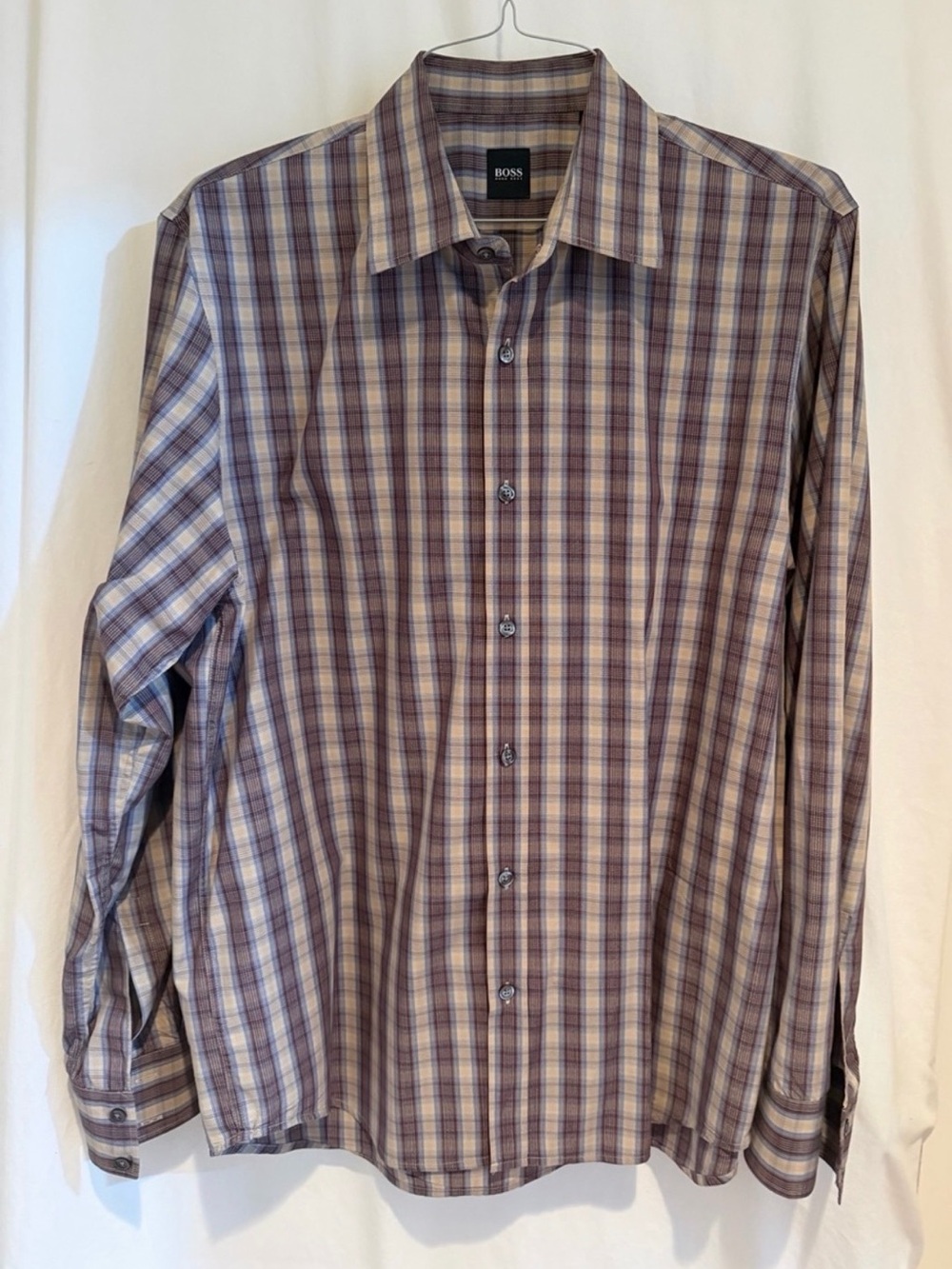 Hugo Boss Men's Purple and Cream Plaid Long-Sleeve Dress Shirt